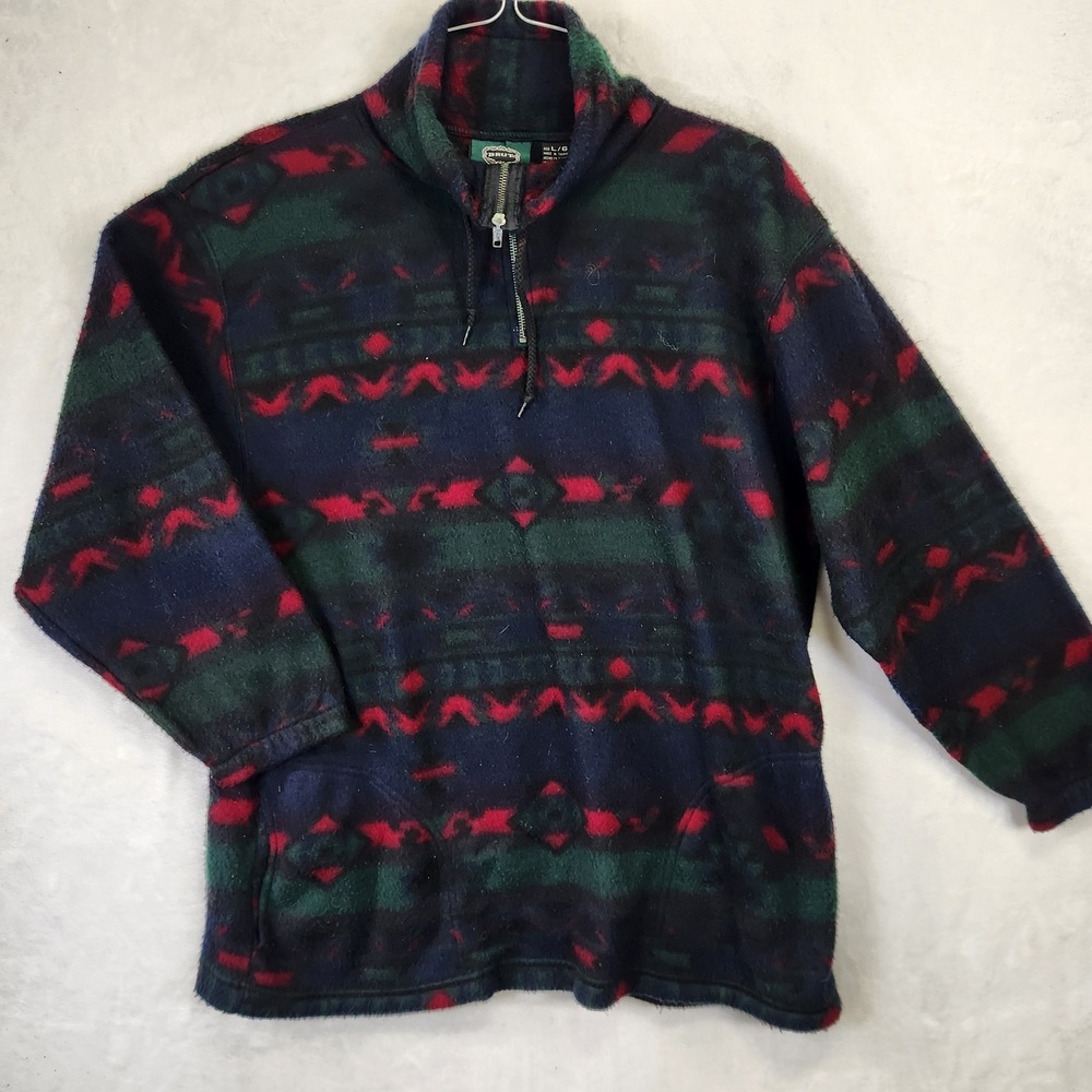 Brut Vintage Mens Fleece Quarter‎ Zip Southwestern Geometric Navy Green Red L